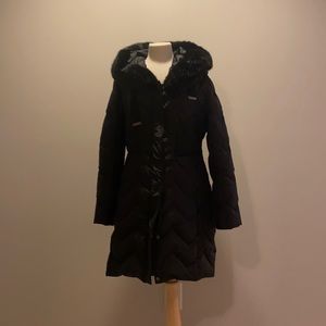 Tahari Parka Black Size M with removable fur hood